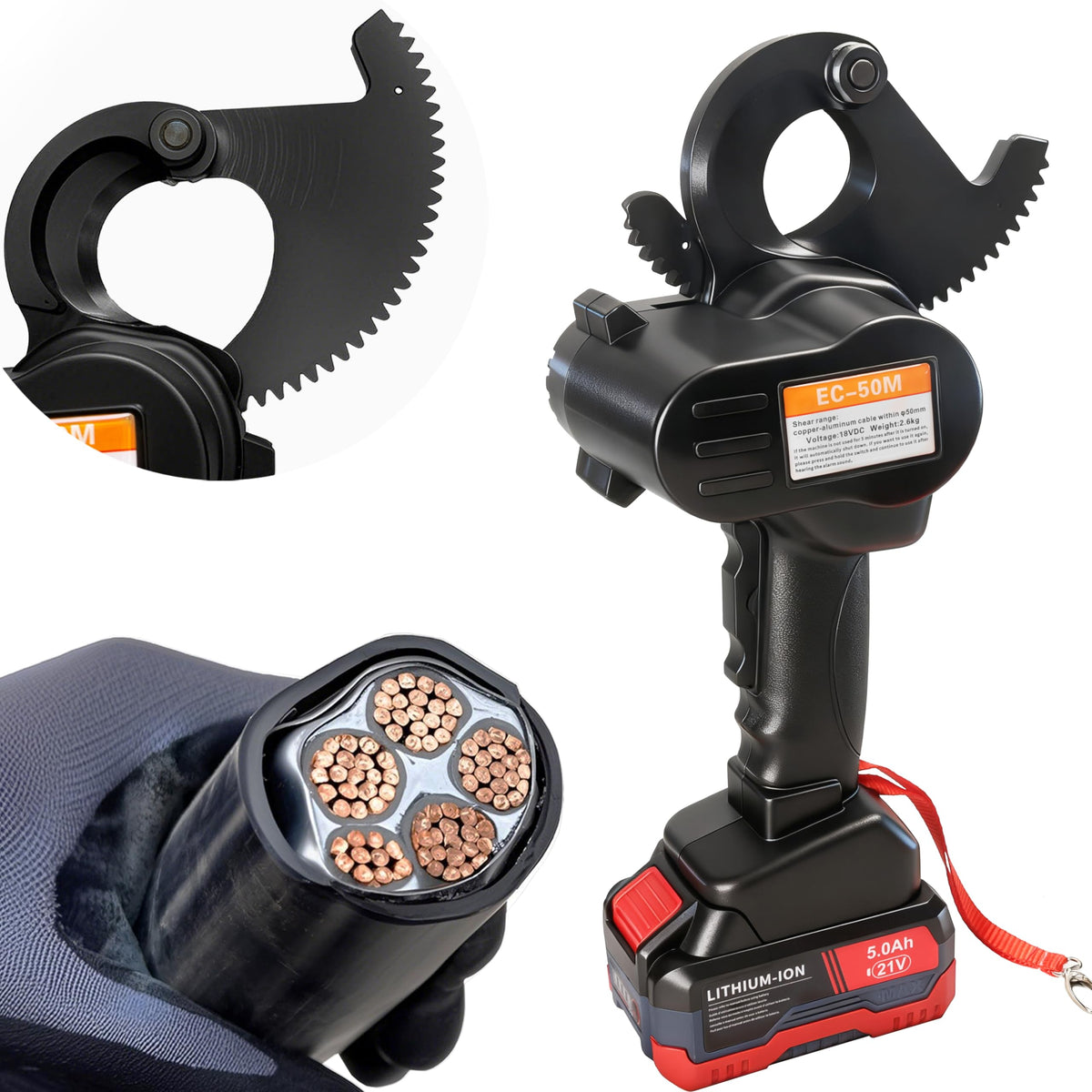 21V Battery Ratcheting Cable Cutters Cordless Heavy Duty Electric Wire Cutters(1000 MCM Copper/1250 MCM Aluminum) Electrical Ratchet Portable Cable Cutter with Comfort Grip Handle, Alloy Steel Blades