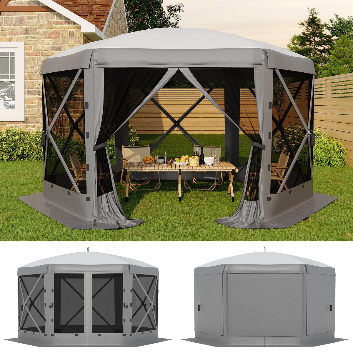 13x13FT 6-Sided Gazebo Tent, One-Push Setup Canopy with Mesh Panels & Removable Wind Cloths, Outdoor Shelter for Backyard Parties Camping Events, Grey