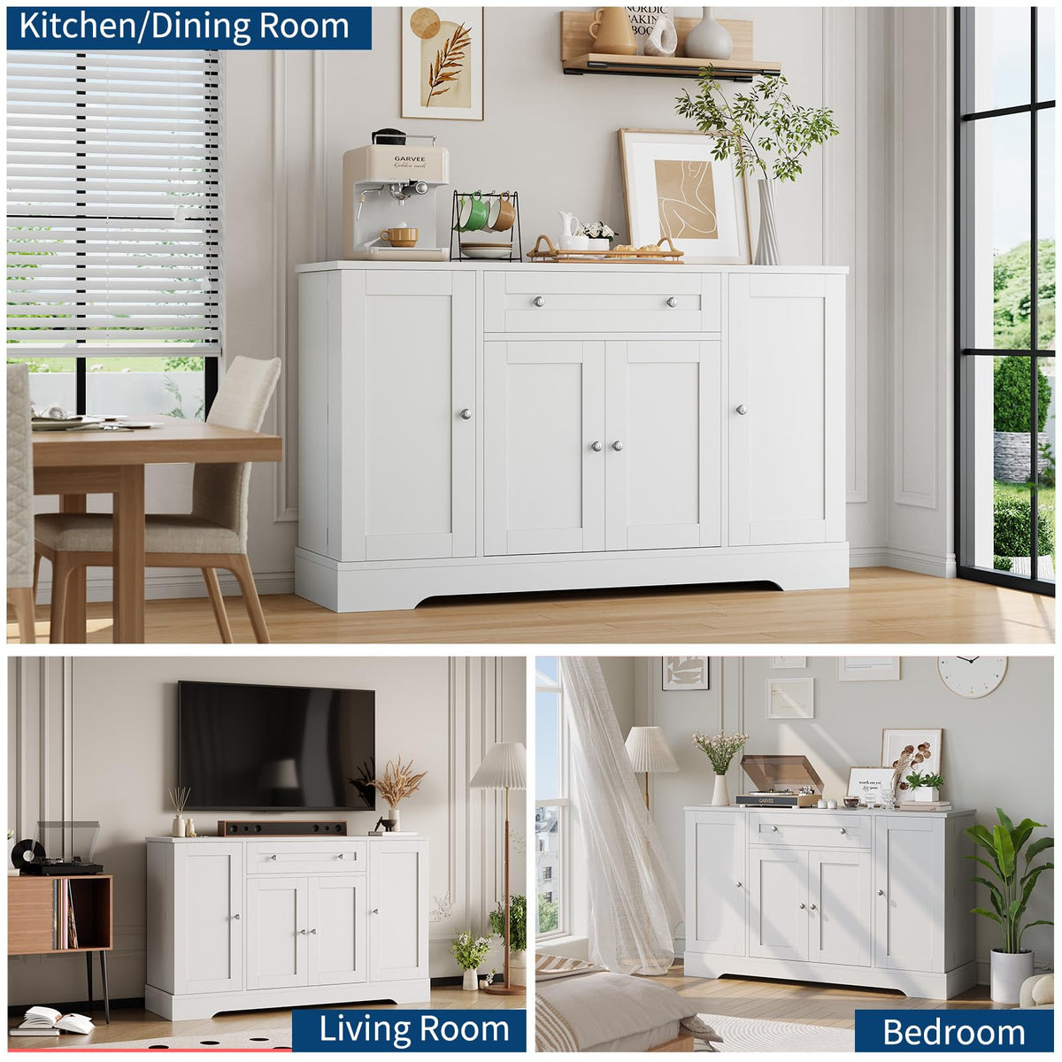 Garvee Sideboard Buffet Cabinet with Storage, Modern Wooden Credenza Storage Cabinet with Drawer and 4 Doors, Freestanding Coffee Bar for Living Room, Kitchen, Dining Room, White