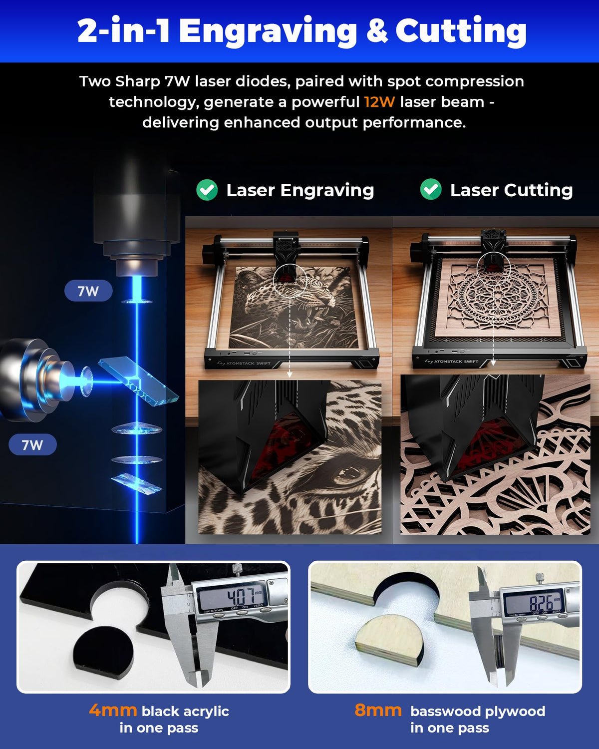 ATOMSTACK Swift Laser Engraver for Beginners, 12000mW Output Laser Cutter, Laser Class 4, 300×300mm Working Area, 0.08mm Accuacy Engraving Machine for Wood, Leather, Coated Metal, Acrylic (Swift 12W)
