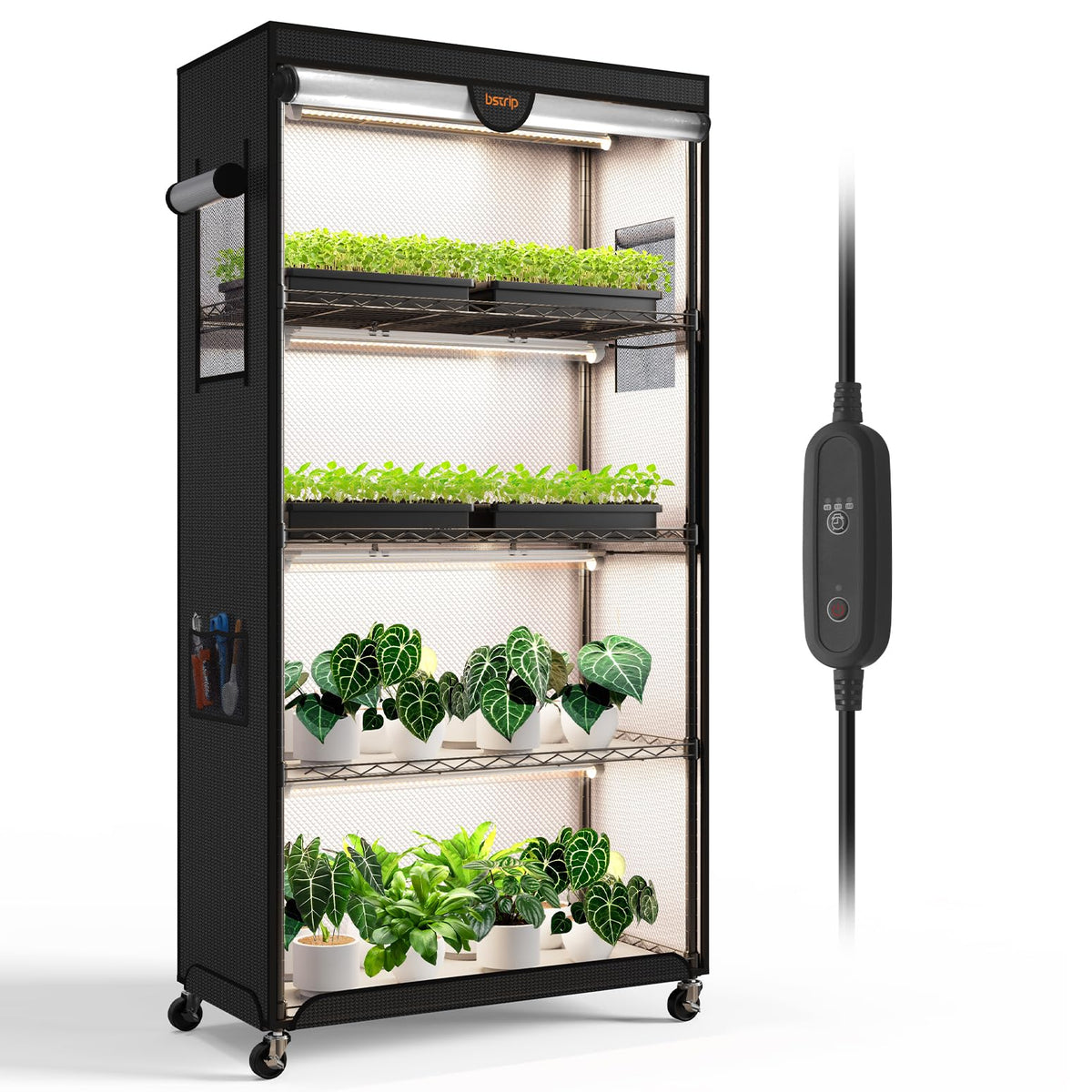 Bstrip Indoor Greenhouse with Grow Light, Plant Stand with 4 Pack 24W Full Spectrum Plant Lights , Plant Shelf with Tent for Indoor Plant, Seed Starting, Seed Tray, 29.5"x13.8"x59"
