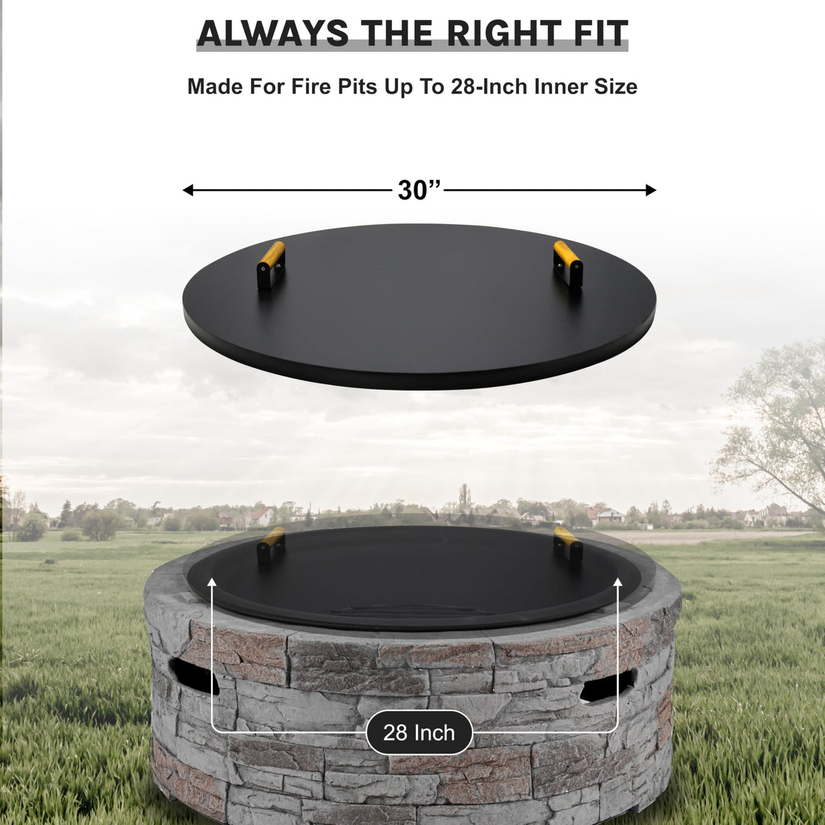30” Round Fire Pit Lid – Heat Resistant fire Pit Cover Round Metal for Outdoor Fireplace 16 Gauge Steel Flat Fire Pit Burner Pan Cover with 2 Wooden Handles Snuffer Lid for Round Patio FirePit Ring