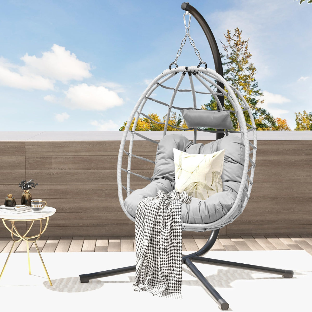 DWVO Egg Hanging Swing Chair with Stand Egg Chair Wicker Indoor Outdoor Hammock Egg Chair with Cushions 330lbs for Patio, Bedroom, Garden and Balcony, Light Gray