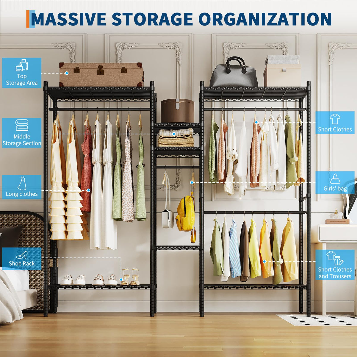 IDEALHOUSE Heavy Duty Clothes Rack for Hanging Clothes, Load 1000LBS Portable Closet Wardrobe with Shelves, Freestanding Adjustable Garment Rack for Bedroom, Walk-in Closet, 73.6"x 17.3"x 76.4", Black