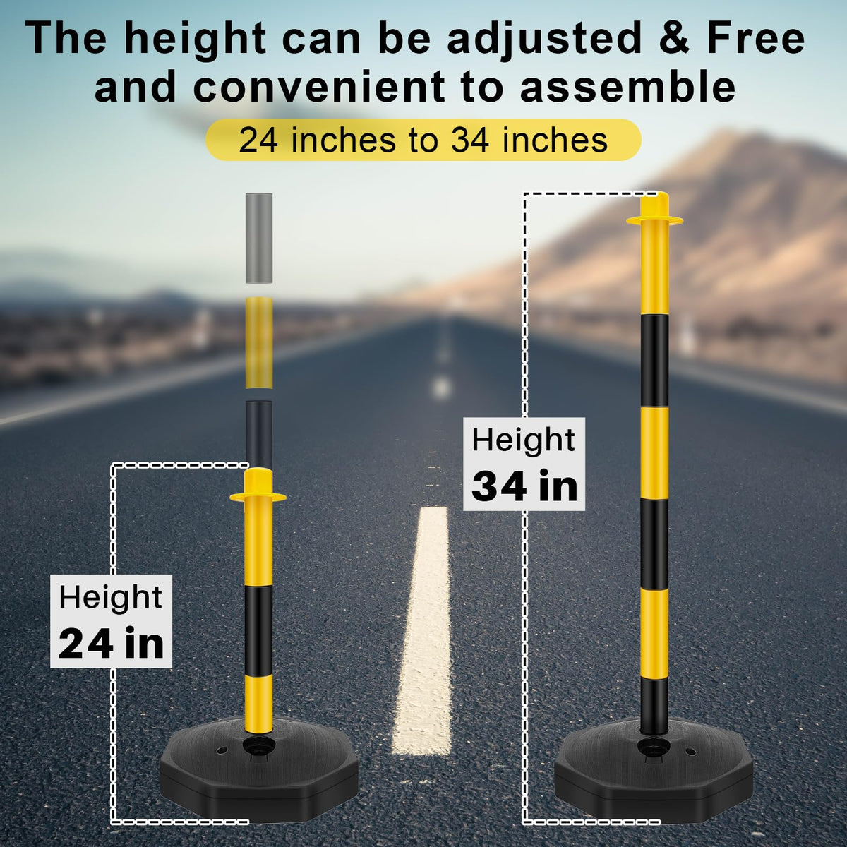 Konohan 18 Sets 34 Inch Parking Cone Delineators Post Traffic Cone Plastic Stanchion Set Stands Parking Barrier with Base 6.6 ft Chain S Hooks Reflective Collar (Yellow,Black)