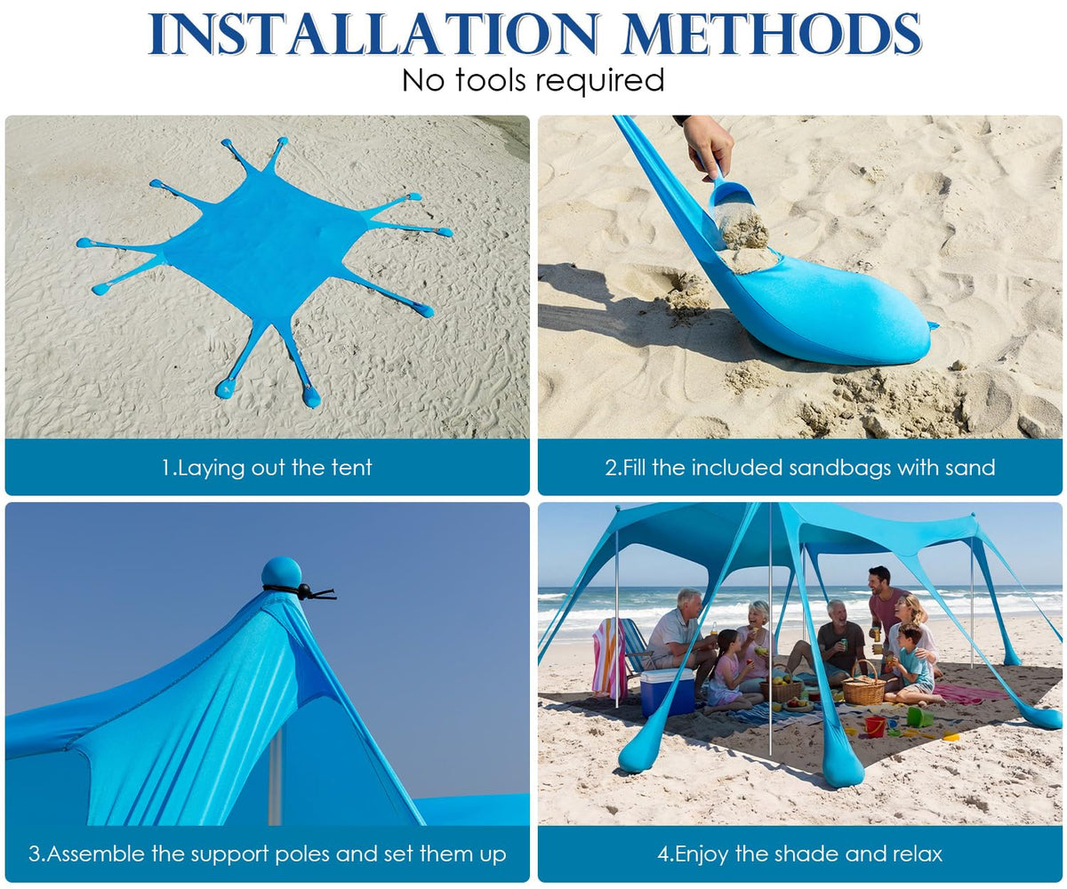 VVBE Beach Tent Sun Shelter 13x10FT, UPF50+ Outdoor Shade Canopy with 10 Sandbags, Sand Shovel, Ground Pegs & Stability Poles, Portable Beach Tent for Camping Fishing Picnics Travel