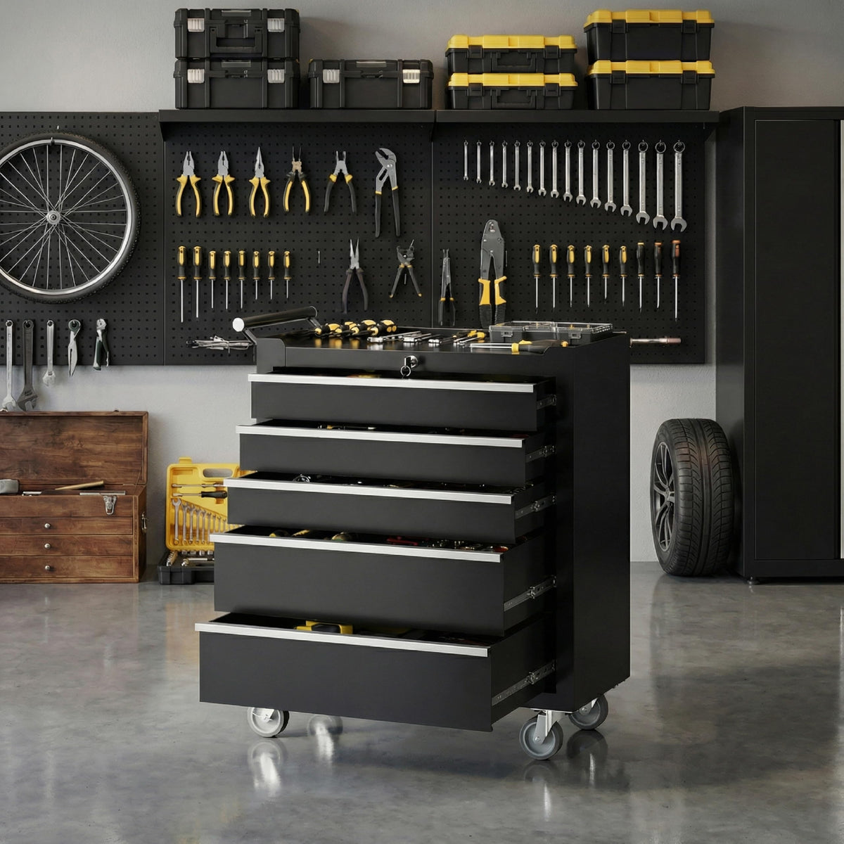 IDEALHOUSE Rolling Tool Chest, 5 Drawers Tool Storage Cabinet, Toolbox with Wheels, Portable Tool Cabinet Organizer with Locking System & Drawer Liners, Tool Storage Cart for Garage, Workshop, Black