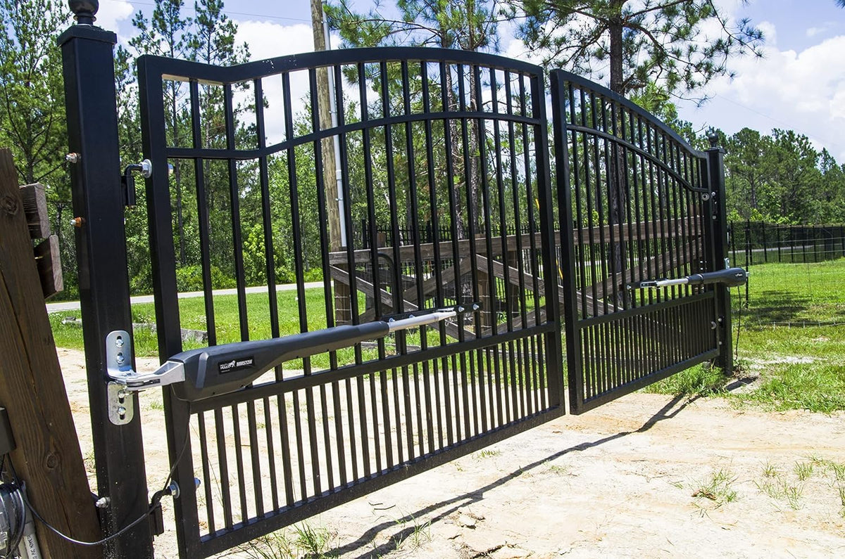 Mighty Mule Gate Opener, Solar and Smart Ready, Heavy Duty Automatic Gate Opener, Gates up to 18ft or 850lb Per Gate Leaf, Dual Gate Opener - Estate, Upgraded, MM572W-EST-A