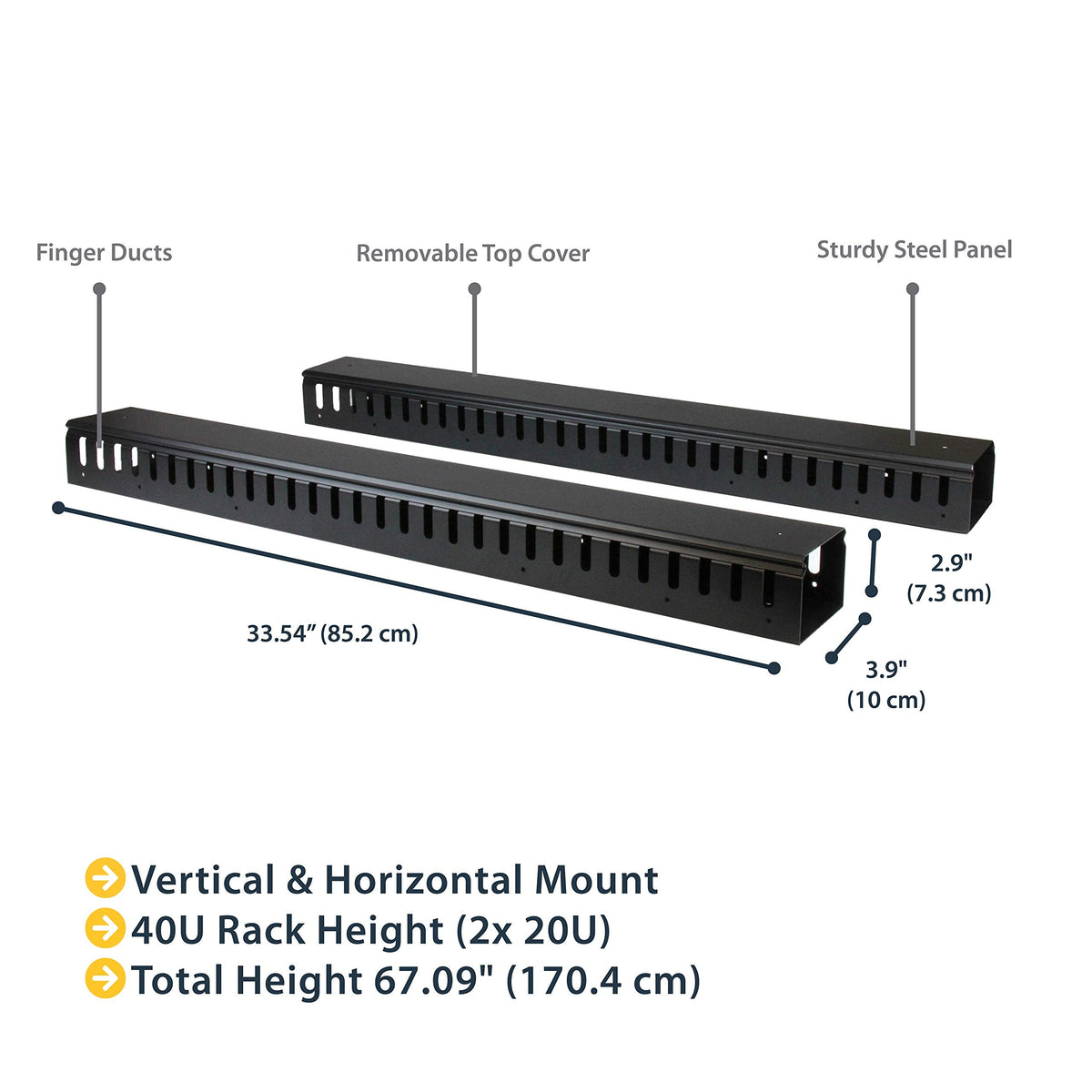 StarTech 2-Pack 20U Vertical Cable Organizer with Finger Ducts, Vertical Cable Management Panel, 40U Rack-Mount Cable Raceway, 2x 3ft (91cm) Wire Organizers