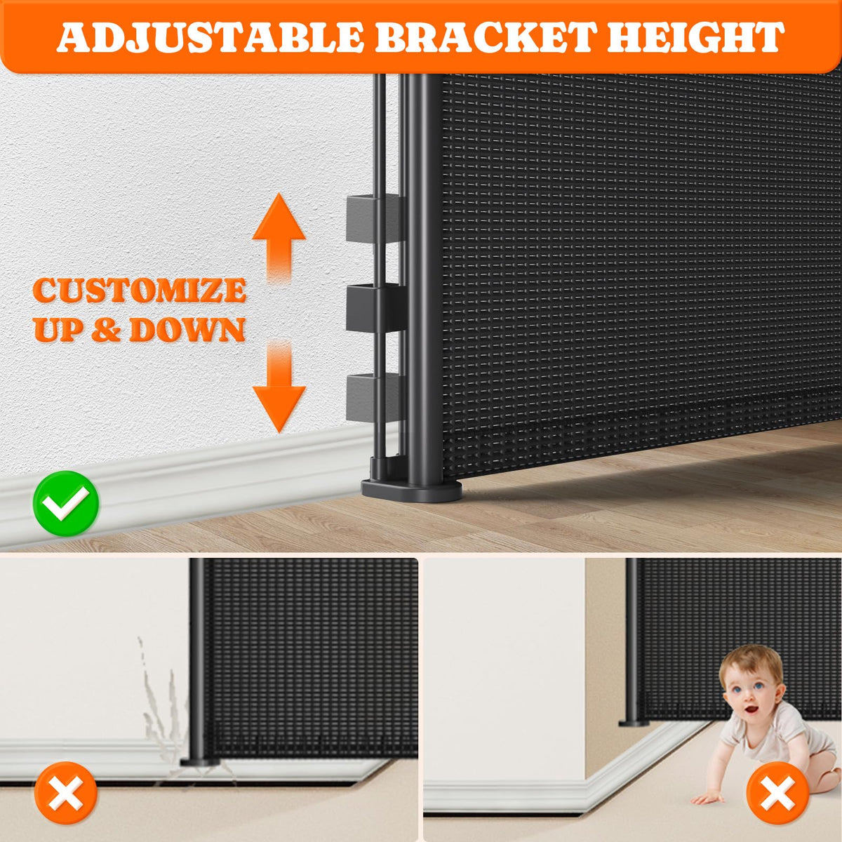 Pawtners Retractable Baby Gates Extra Wide, 41" Tall Extends up to 200" Wide, Dog Gate Indoor for Stairs, Pet Gate with Support Rods for Doorways Hallways Garage Indoor & Outdoor-Black