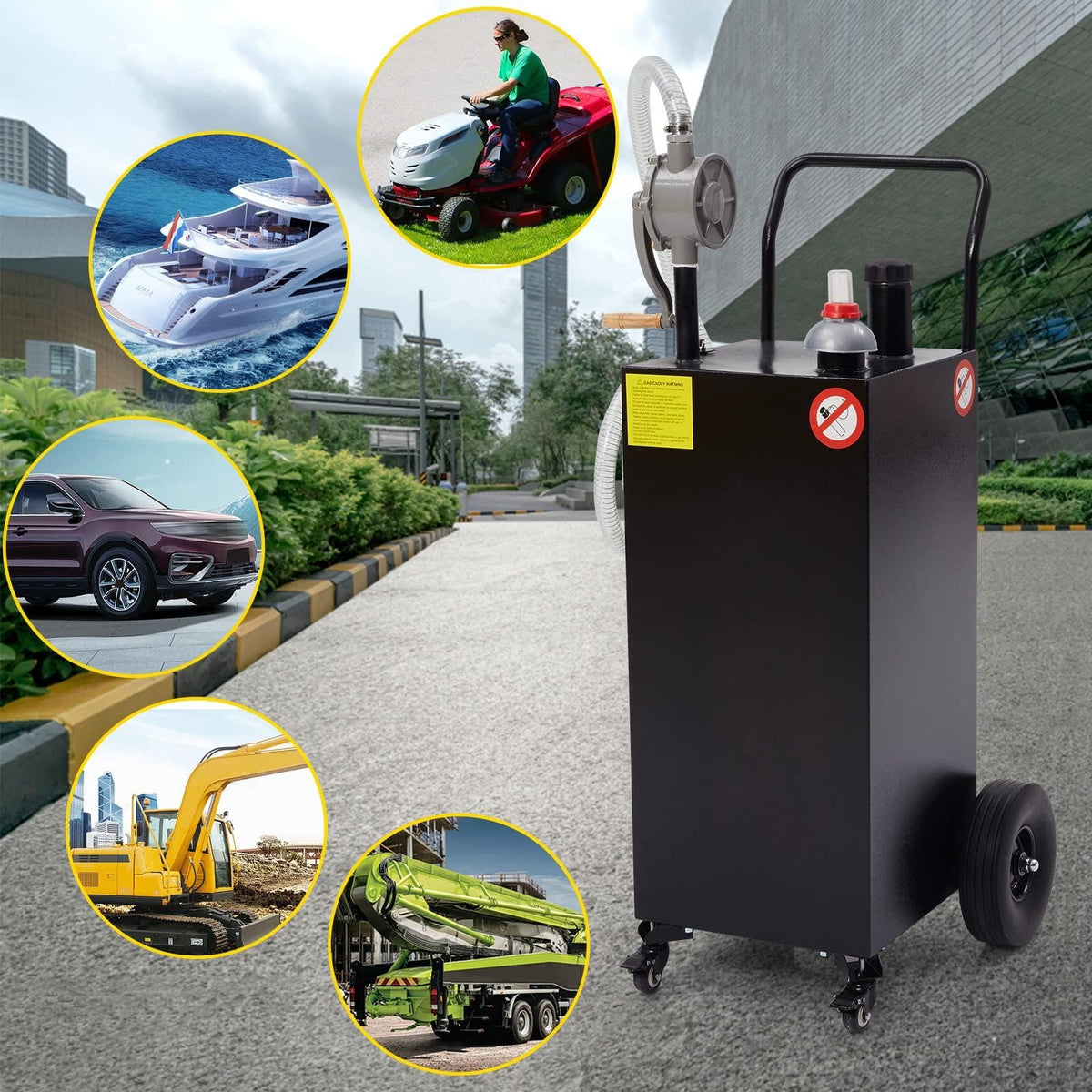 40 Gallon Fuel Transfer Tank - Portable Gas Caddy with Hand Siphon Pump & Flat-Free Wheels for Automotive Diesel Engine Oil Storage, Rolling Garage & Farm Fuel Carrier, Black