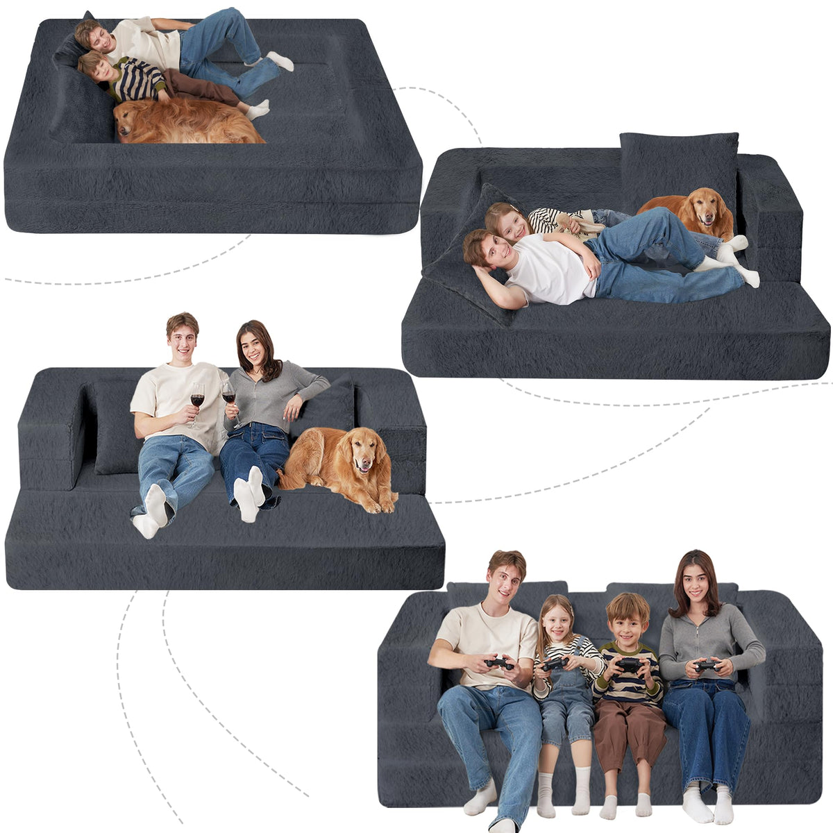 Cansunna Folding Bean Bag Chair for Adults,3-in-1 Bean Bag Couch Faux Fur Floor Sofa Large Beanbag Convertible Bean Bag Sofa Bed with Pillow in Bedroom,Living Room,Apartment(Queen,Dark Grey)