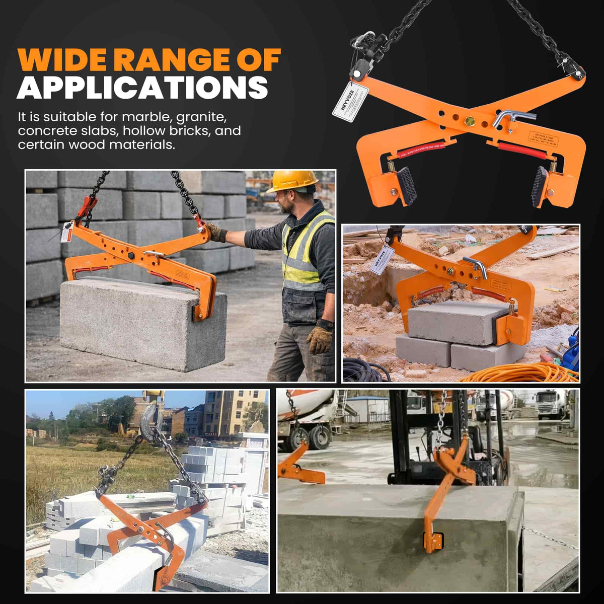 HEYVOZE 1763 lbs Heavy-Duty Stone Lifting Clamp, 14.2–35.5 in Opening Range, Granite Slab Lifting Clamp for Vertical Hoisting of Stone Slabs and Blocks