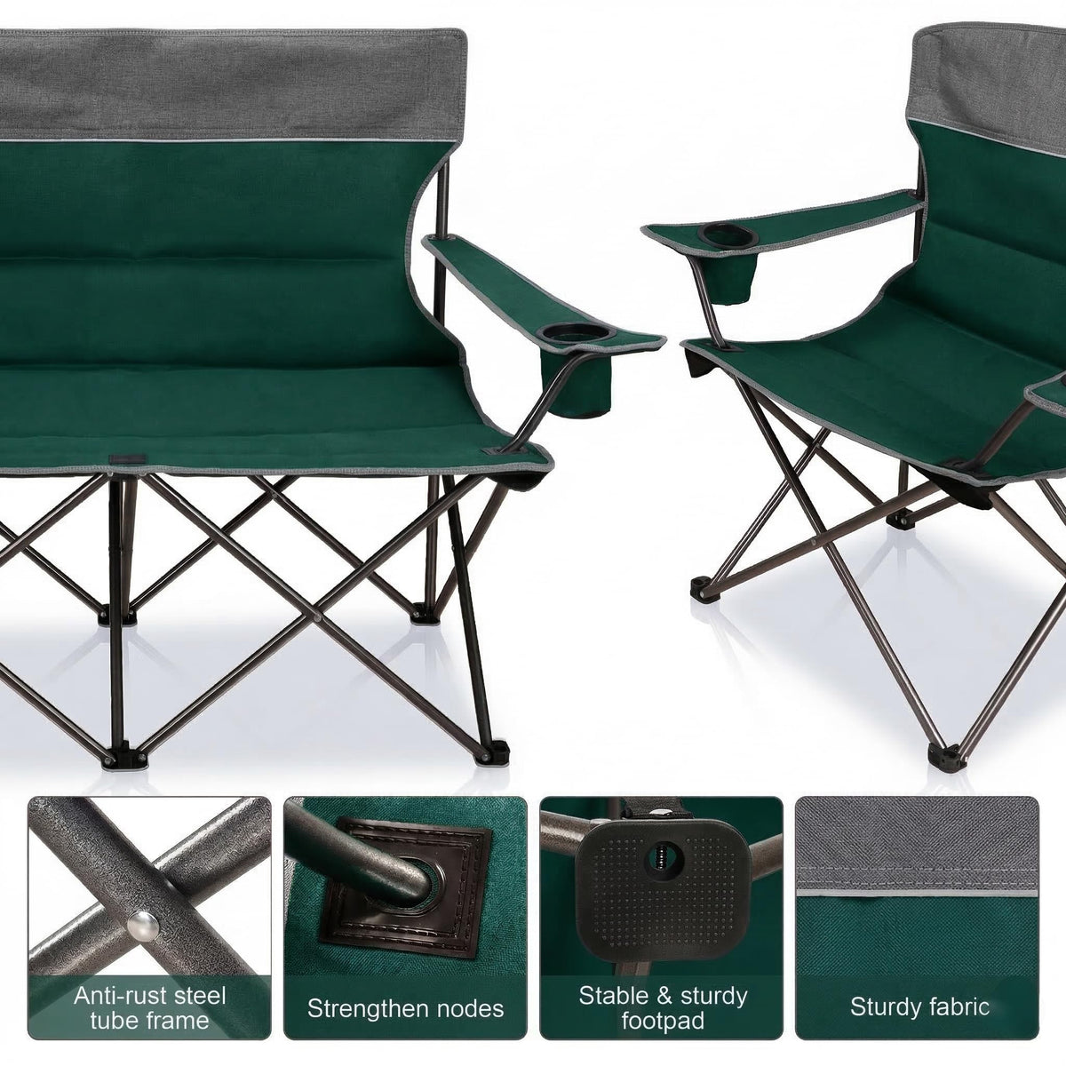 LANMOUNTAIN Oversized 4 Pcs Camping Chair Set with Table,Outdoor Folding Heavy Duty Lawn Chair,Cup Holder,Portable,Loveseat Chair Perfect for Family Hiking,Picnics and Beach Trips,Dark Green
