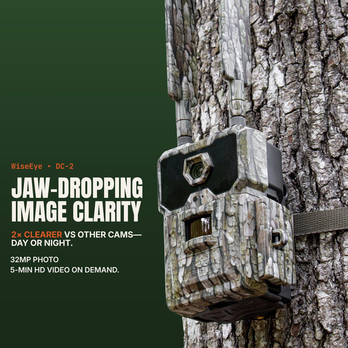 WiseEye DC-2 Cellular Trail Camera, WiseEye Camo – MultiCarrier 4G LTE on AT&T, Verizon & T-Mobile, 32MP Photo, 5-Min HD Video on Demand, Built-in GPS, Internal Storage, Deer Hunting Cam