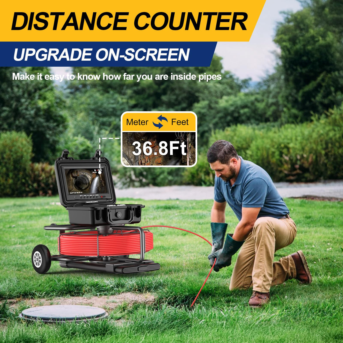 Anysun All in 1 Sewer Camera with Locator & Wheels & Pull Handle, 7MM Cable, Self Leveling, Distance Counter, 32GB Card, 9'' HD Monitor, Pipe Drain Inspection Camera IP68 Borescope (300FT/91.5M)