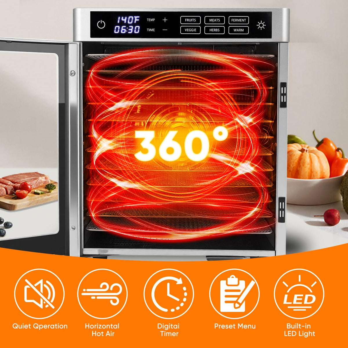 Commercial Food Dehydrator 12 Tray Stainless Steel with One-Touch Presets, 800W Professional Jerky Maker with Dual Fans, 360° Airflow, 86°F-185°F Digital Timer for Herbs, Fruits, Dog Treats