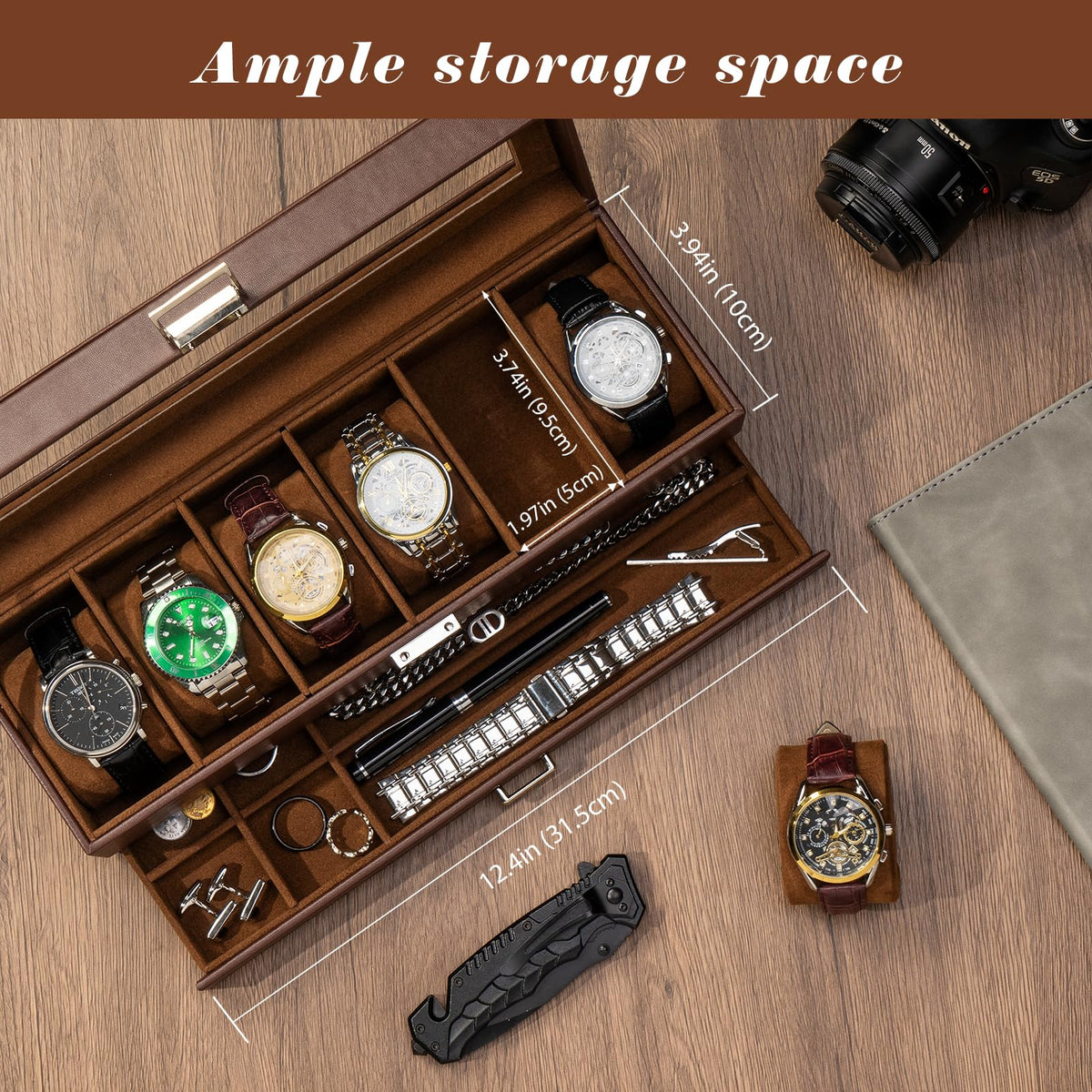 ProCase Watch Box, Fathers Day Gift for Dad, 6 Slot Watches Display Case with Drawer, Mens Watch Case with Glass Lid, 2-Layer Mens Jewelry Organizer Storage Holder -6 Slot, Espresso