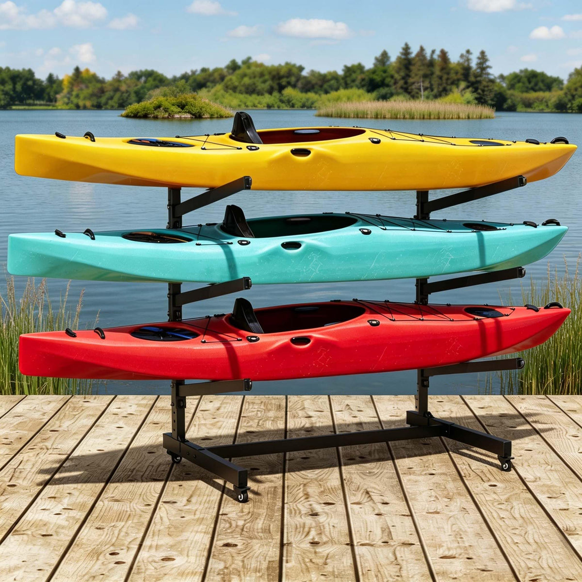 Baotree Heavy Duty Freestanding Kayak Storage Rack, Adjustable Metal Stand for 3 Kayaks, Canoes, SUPs, Paddleboards & Surfboards with Lockable Wheels, Indoor & Outdoor Use