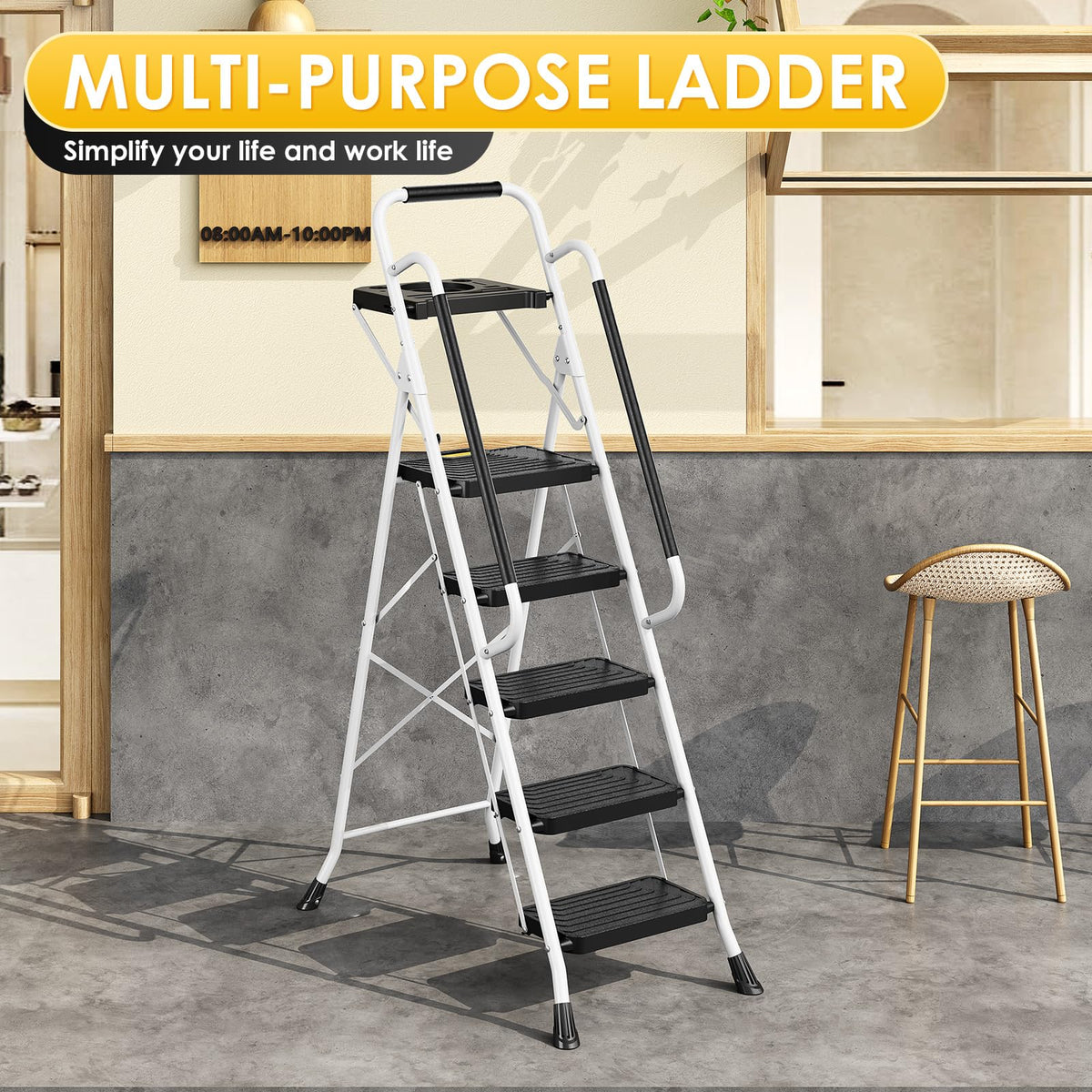 TOOLF 5 Step Ladder, Sturdy Steel Step Stool with Tool Platform, Anti-Slip Wide Pedals, Handrail, Safe-Lock Design, Folding Portable Ladder for Home, Kitchen, Pass 800lbs Load Testing, White