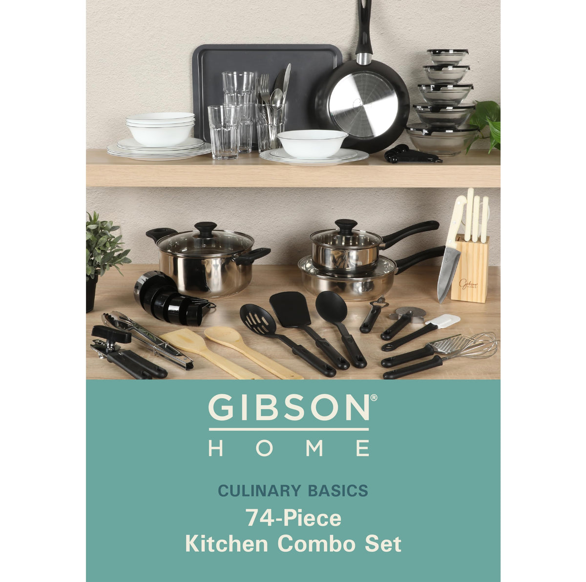 Gibson Home 74 Piece Kitchen in a Box Pots and Pans Cookware, Plates and Bowls Dinnerware, Cutlery Knife Block, Flatware Utensils, Tools & Gadgets, Storage, Glasses Set