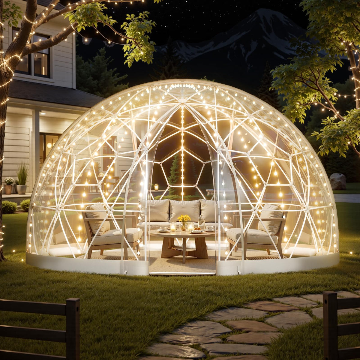 VEVOR Garden Dome Tent, 9.5 x 5.7 ft Outdoor Clear Bubble Tent for 2–4 Person, Weatherproof Geodesic Dome Greenhouse with Window, PVC Transparent