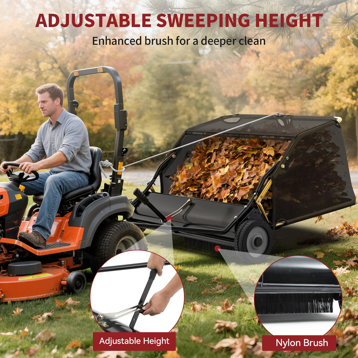 YITAMOTOR 50" Lawn Sweeper Tow Behind, Pull Behind Lawn Sweeper with Rotating Brush Drum and 25 cu. ft Large Capacity Collector for Leaves, Grass Clippings and Yard Debris