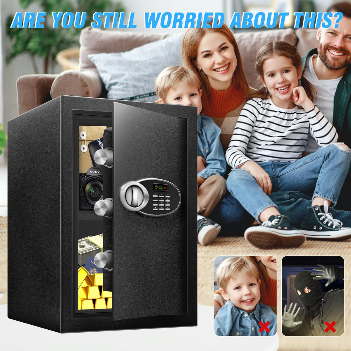 16.54" Tall Large Safe Box with Fireproof Waterproof for Documents - Steel Security Personal Fire Safe with Digital Keypad, Emergency Battery Box & Combination Lock, Safety Box for Valuables Money