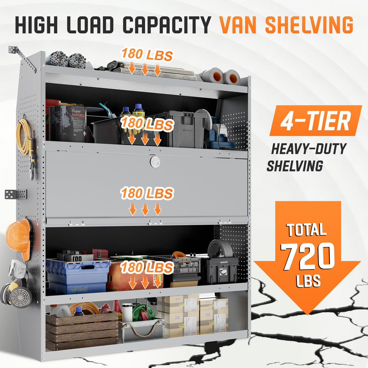 Cargo Van Shelving with Lockable Door Kits,Fit Transit, Nv, Promaster,Sprinter Mid/High Roof,Adjustable Heavy-Duty Steel Van Shelving Storage System W/Hooks & Ropes,52" W X 60" H X 13" D