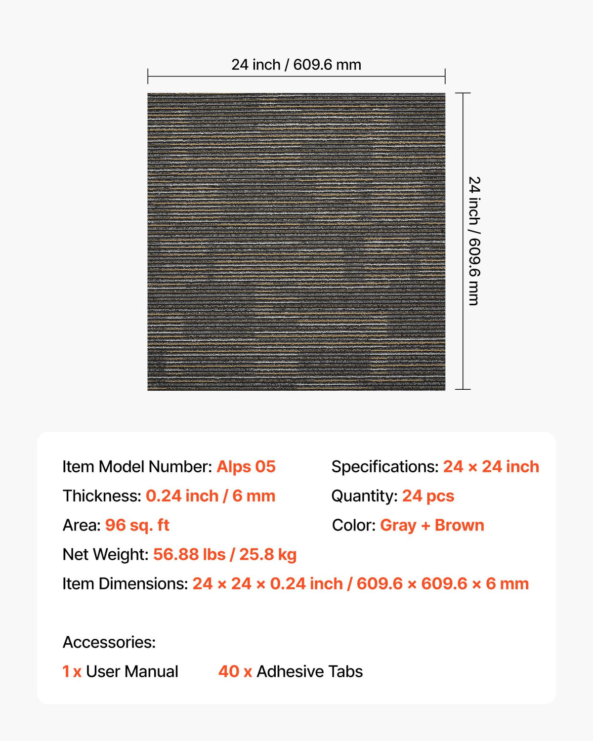 VEVOR Carpet Tiles Reusable 24x24 inch, 24 PCS Modular Carpet Square Rug, Commercial Floor Soft Padded for Seamless Cover 96sq.ft², Easy DIY for Living Room Bedroom Office Indoor,Gray & Brown