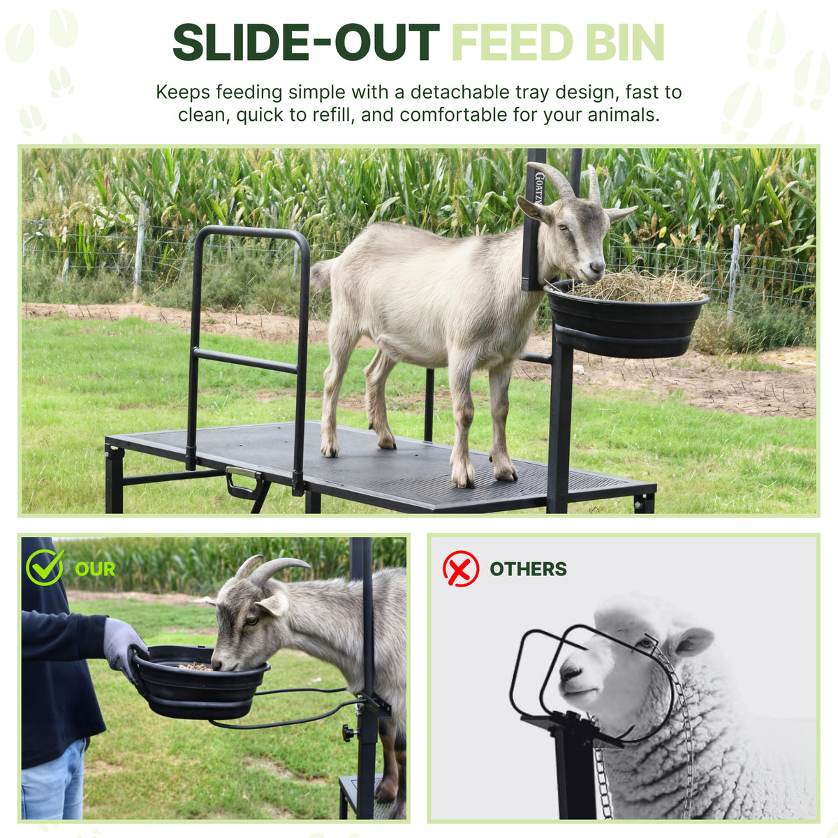 Goatzy Goat Stand with Adjustable Headpiece & Legs, Goat Milking Stand with Feeder, Rails & Wheels, Stanchion for Grooming & Hoof Trimming, Sheep Stand for Shearing Heavy-Duty Steel Platform, Black