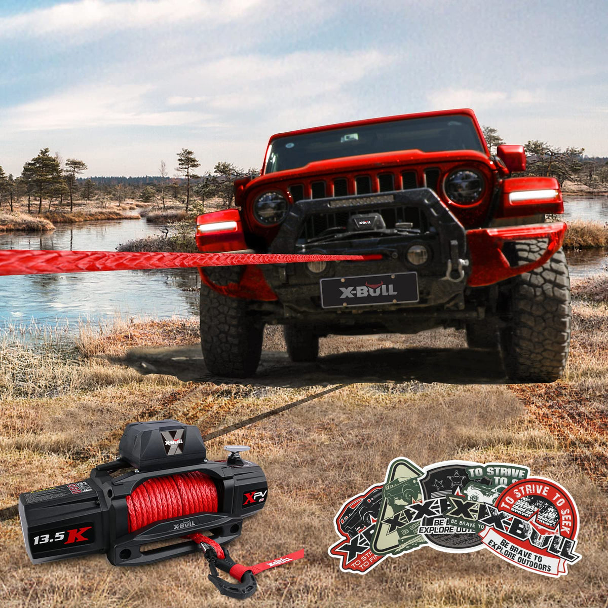 X-BULL Synthetic Winch Rope - Cable Kit -1/2" X 85ft 32000LBS Winch Line with Protective Sleeve Forged Winch Hook Safety Pull Strap go for 4WD Off Road Vehicle Truck SUV ATV UTV-Red