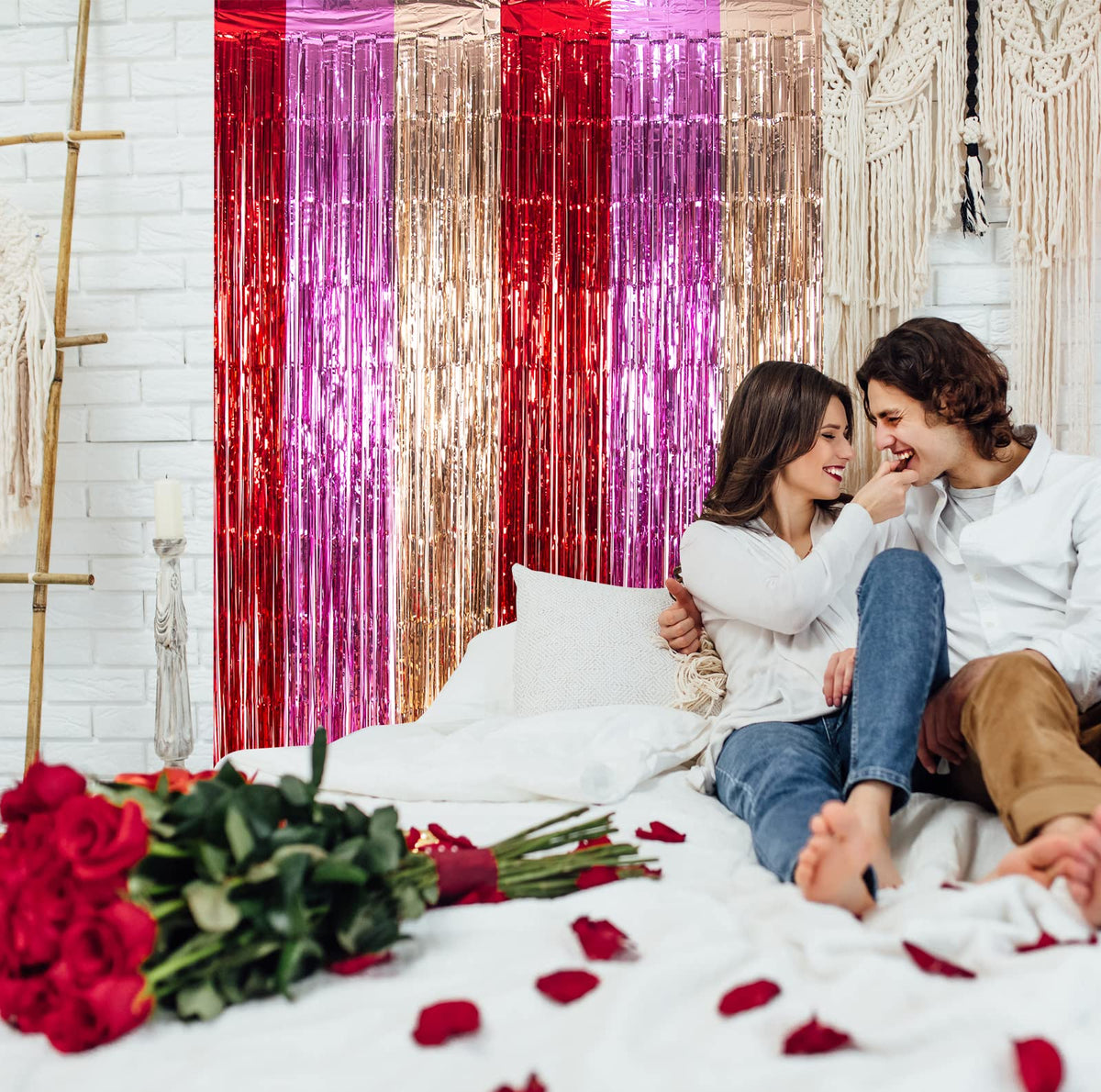 LOLStar 3 Pack Valentines Day Party Decorations 3.3X6.6 ft Photo Booth Props Red Pink Champagne Gold Valentine's Day Decors Foil Fringe Curtains Backdrop Streamers for Wedding Birthday Engagement