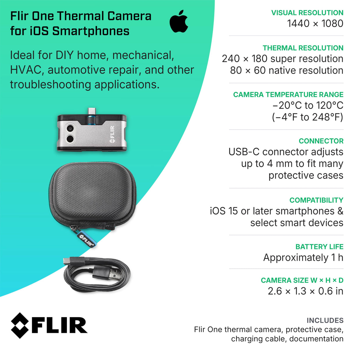 Flir One - Thermal Imaging Camera for iOS Smartphones (iPhone 15 and Newer w/USB-C), 240x180 Super Resolution (80x60 Native IR)
