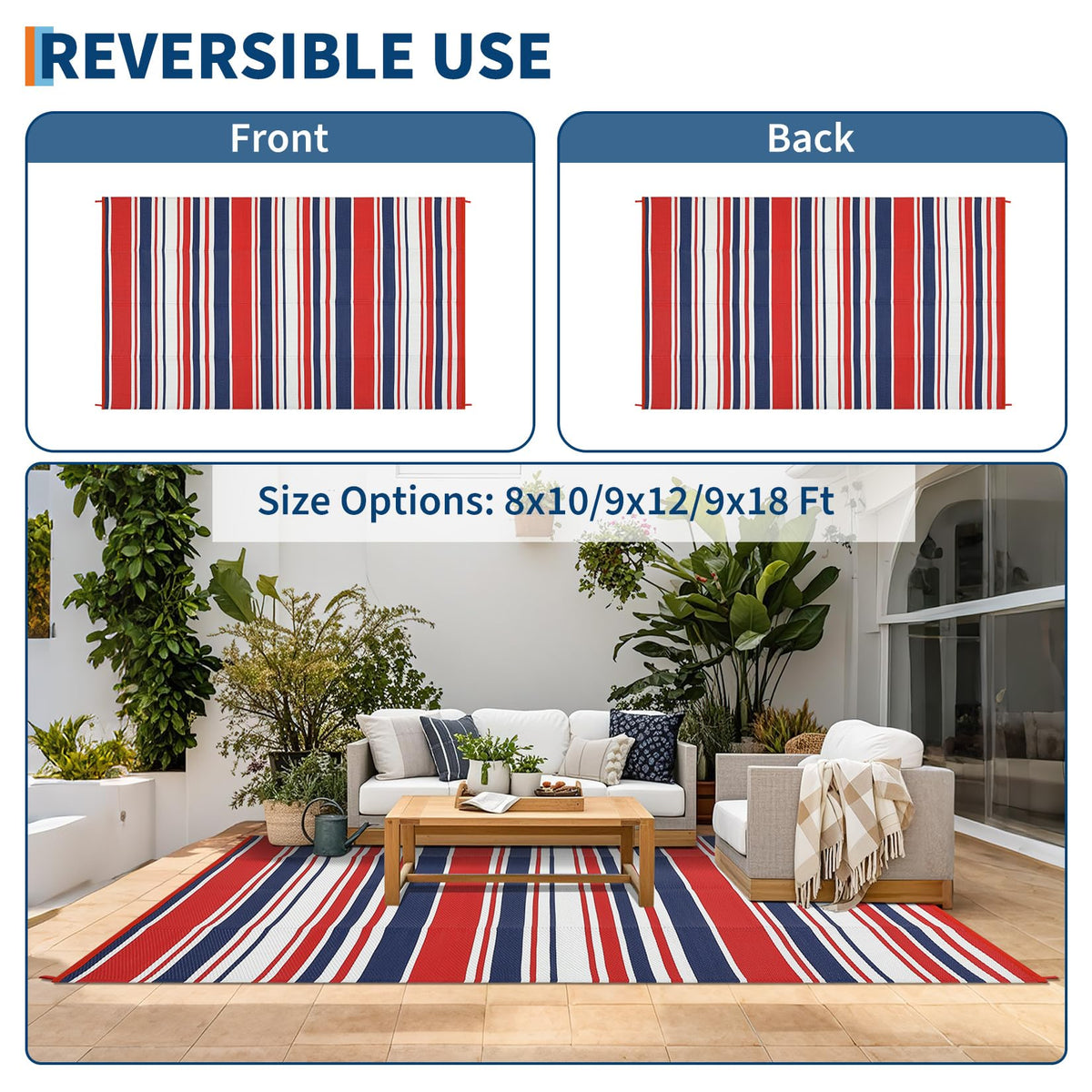 MilleLoom 10x20 Large Outdoor Patio Rug Modern Line Plastic Straw Outdoor Rugs Waterproof Foldable UV Resistant Camping Reversible Mats for Deck, Picnic, Porch, Camper, Balcony, Beach, Rv，Red/Multi