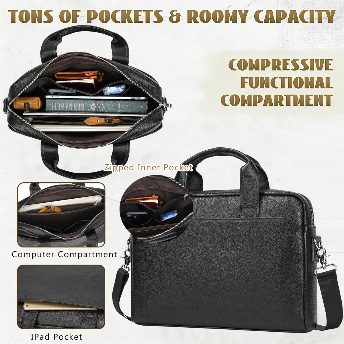 Leather Laptop Bag for Men, Laptop Briefcase Fits Up to 15.6 Inch Notebook, Portable Shoulder Messenger Crossbody Bag for Travel Business Office