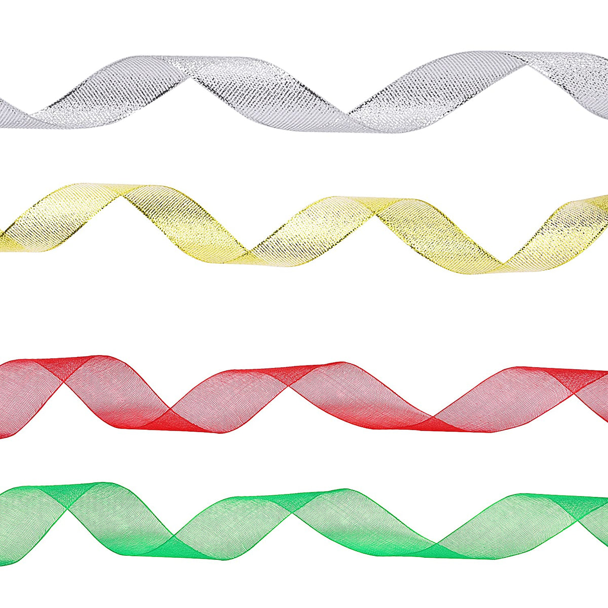 Livder 4 Rolls 4/5 Inch in Width Christmas Metallic Glitter Organza Ribbons Golden, Silvery, Red, Green Ribbon for Gift Wrapping, Christmas Tree Room Decoration