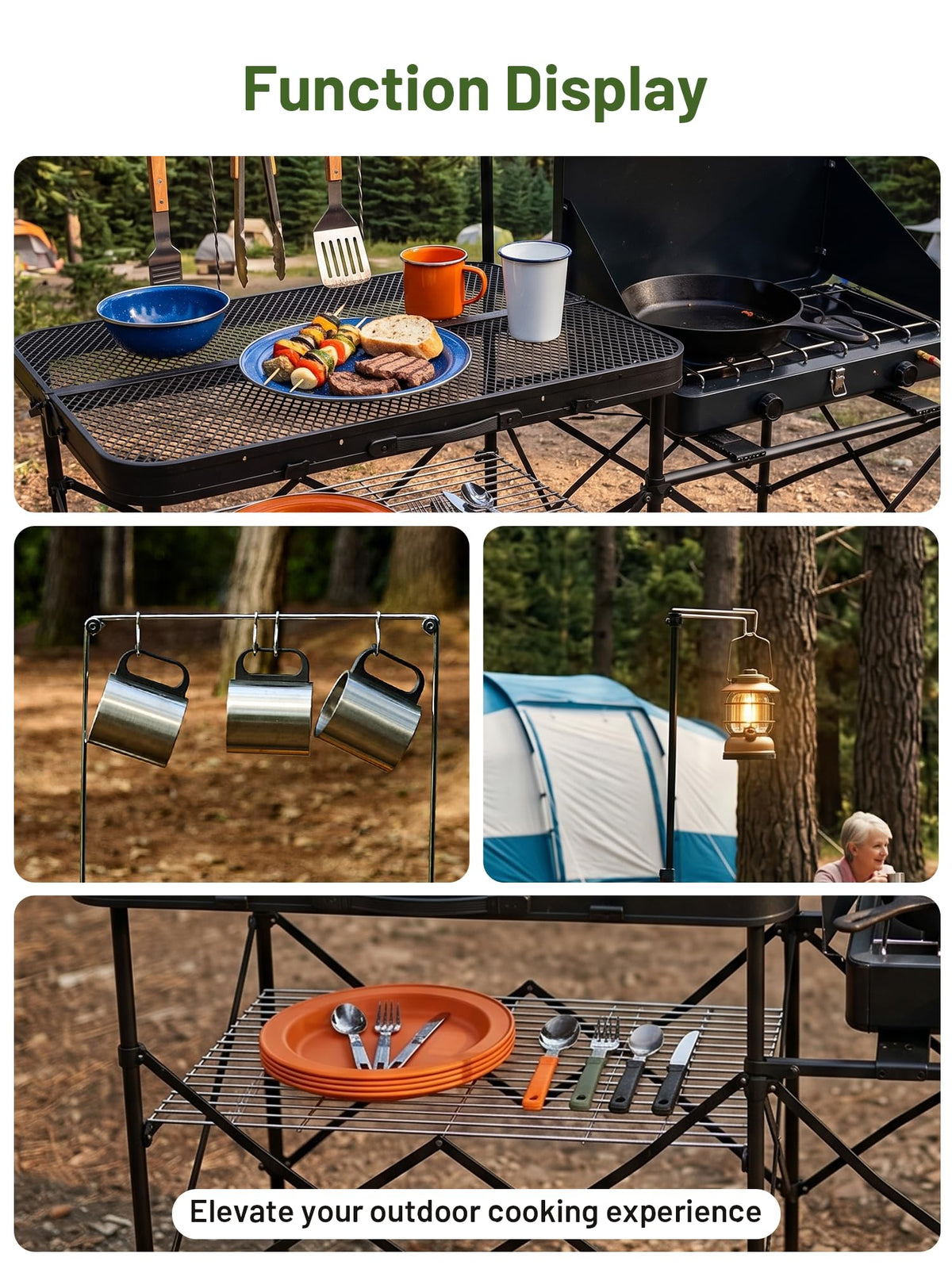 TIMBER RIDGE Portable Camping Kitchen Station, Folding Outdoor Cooking Grill Table with Heat-Resistant Steel Mesh Top & Storage Shelves, Heavy Duty Picnic RV Tailgating BBQ Easy Setup, 110lbs Capacity