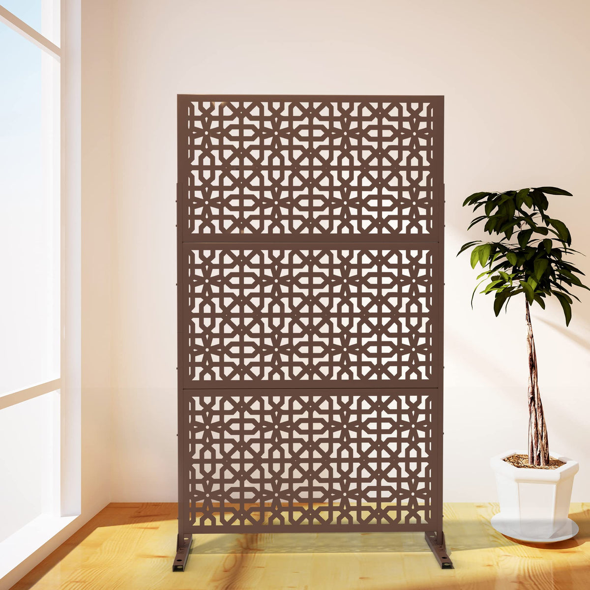 Elevens Outdoor Decor Privacy Fence Screen Metal Fence Panels,Decorative Privacy Screen with Stand,Outdoor Divider for Garden Patio Backyard,76" H×35" W(Brown-Perilla)