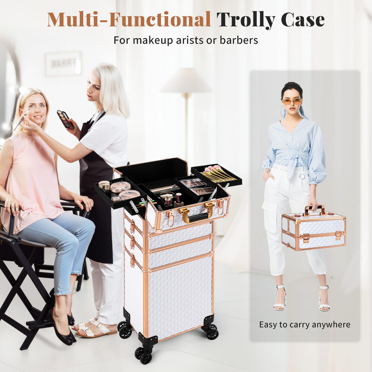AROUS Rolling Makeup Train Case 4 in 1 Cosmetology Case on Wheels Large Storage Cosmetic Trolley with Key Salon Barber Case Traveling Cart Trunk,White