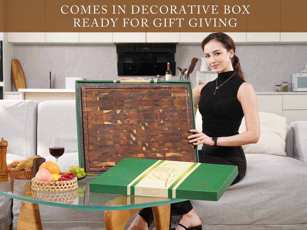 AZRHOM Thick End Grain Acacia Wood Cutting Board 24x18x2 In, Wooden Butcher Block, Chopping Board For Kitchen with Juice Groove Handles Non-Slip Pats (Gift Box)