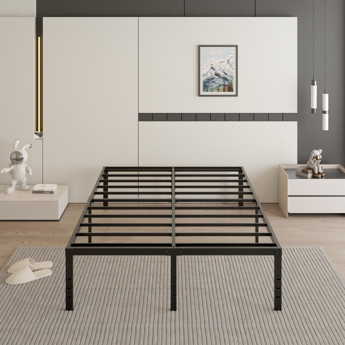 Cieemine 18 Inch Full Size Bed Frame with Black Bed Cover, Metal Bed Frame Full Size No Box Spring Needed, Heavy Duty Mattress Foundation, Easy Assembly, Noise Free