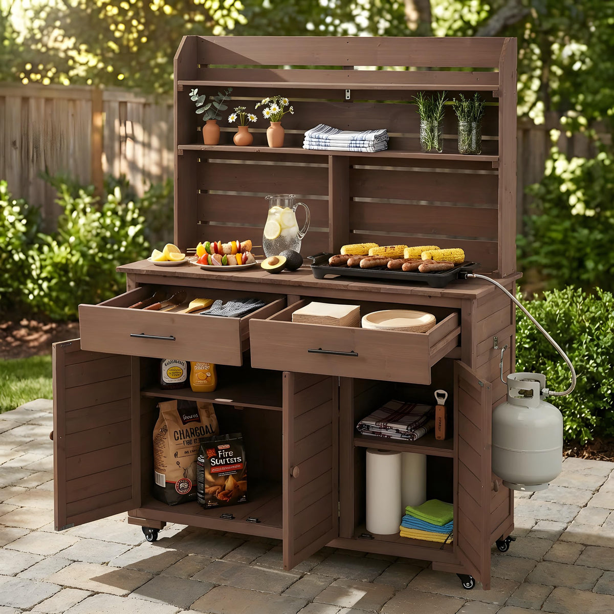 Outdoor Grill Cart with Storage Cabinet, Wood Outdoor Kitchen Island Prep Cart Grill Station for Food Prep and BBQ, Brown