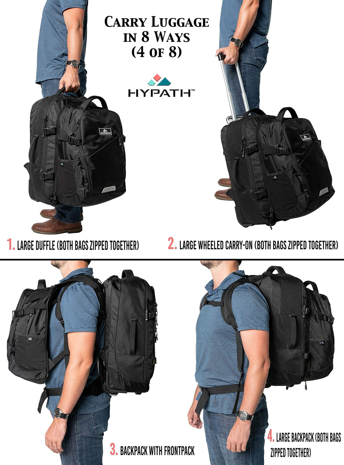 Hypath 2-in-1 Convertible Travel Bag - Use as Backpack with Wheels, Wheeled Carry On, or Stacked Rolling Luggage - Comes with Detachable Daypack - New Upgrades Here