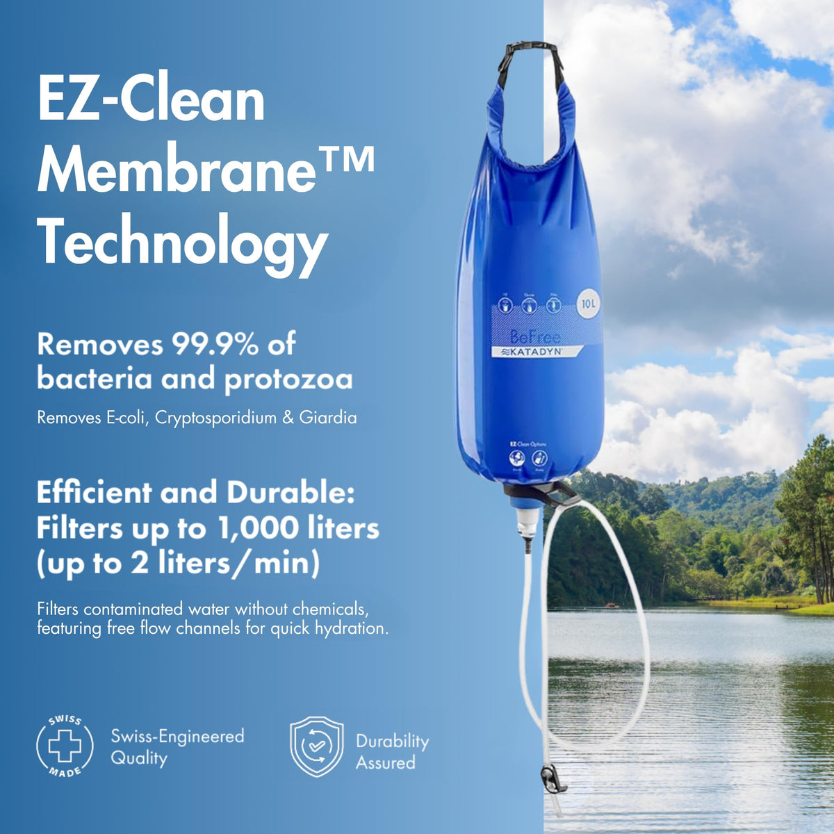 Katadyn BeFree Gravity Water Filter 10L for Base Camp, Large Groups & Emergency Preparedness | 0.1 Micron Hollow Fiber Filter Removes Bacteria & Protozoa, 1,000L Capacity, BPA-Free