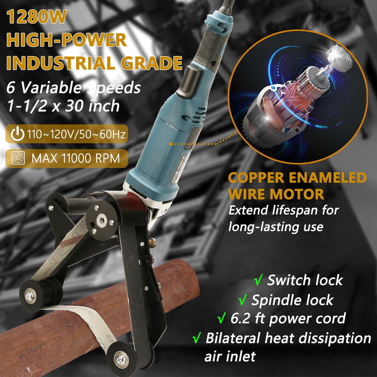 1280W Pipe Belt Sander - Industrial Grade Pipe Tube Polishing Sandingwith 6 Variable Speeds,Suitable for Polishing Various Circular Pipe Materials,Woodworking and Metal Rust Removal(45Pcs Belts).