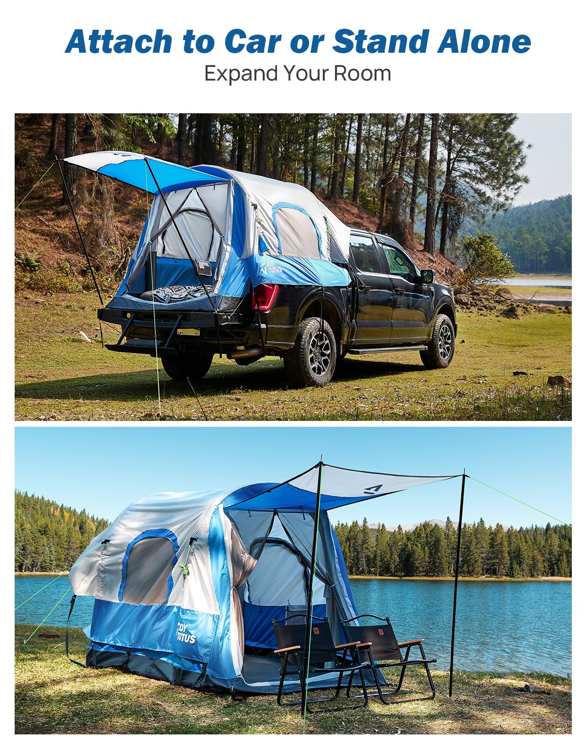 JOYTUTUS Inflatable Truck Bed Tent 6.5FT with Awning, Includes Air Pump for Quick 30 S Setup, Dual-use Pickup or Camping Tent for 2 Person, Waterproof Roof Shade and 3 Windows, Gray Blue