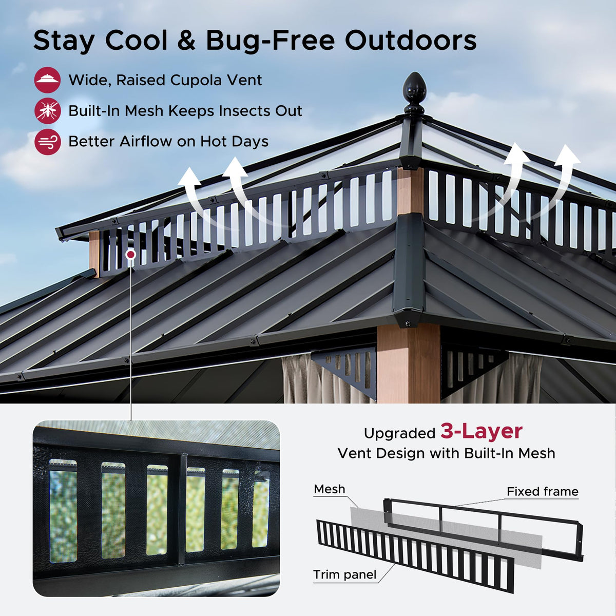 SUNJOY Kingston 12' x 12' Hardtop Gazebo with Galvanized Steel/Polycarbonate Double Roof, Curtain and Netting, Woodgrain Finish Aluminum Posts Permanent Pavilion Gazebo for Garden, Patio, Deck, Lawn