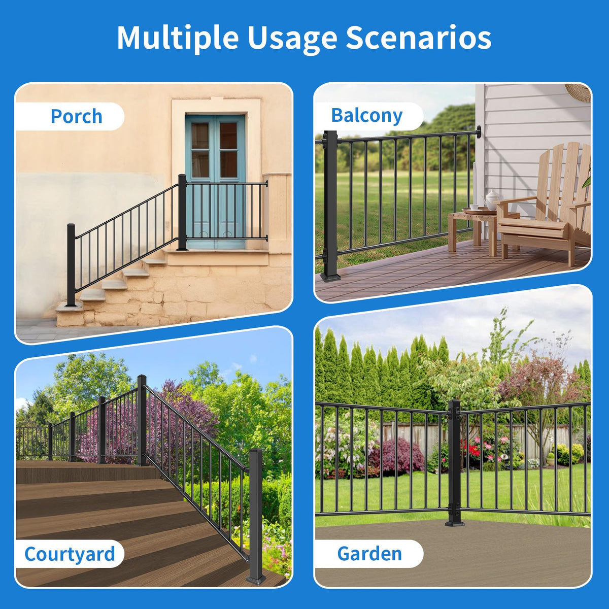 Bobolish 36+2" H x 4 ft. W Aluminum Porch & Stair Railing System, Upgrade Guardrail Kit with Textured Black AAMA 2604 Powder-Coat Finish for Outdoor Decks, Porches & Balconies (1 Panel)