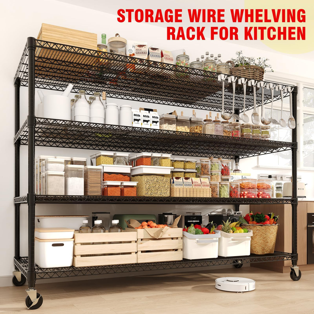 MilleLoom Metal Shelving with Wheels, 2640LBS 4-Tier Heavy Duty Garage Storage Shelves, Adjustable Wire Rack Shelving Unit w/Casters, Rolling Shelf for Home, Workshop, Basement, 74" H×24" D×60" W